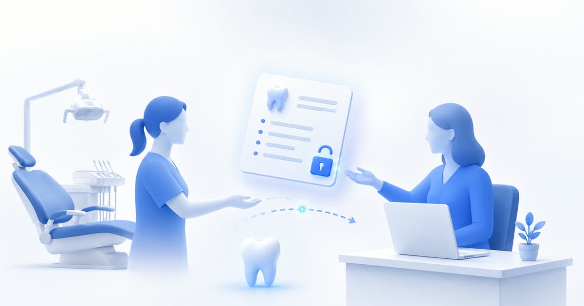Ilustración de una profesional junto al sillón dental pasando el plan de tratamiento, protegido con un candado, a la asistente que lo carga en el computador