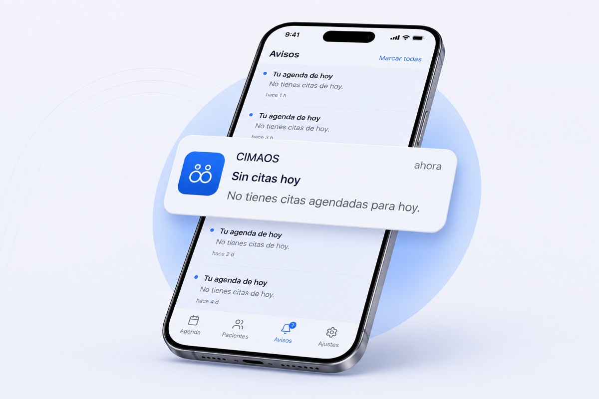 La pestaña de Avisos en la app móvil de CIMAOS y una notificación con el resumen de la agenda del día