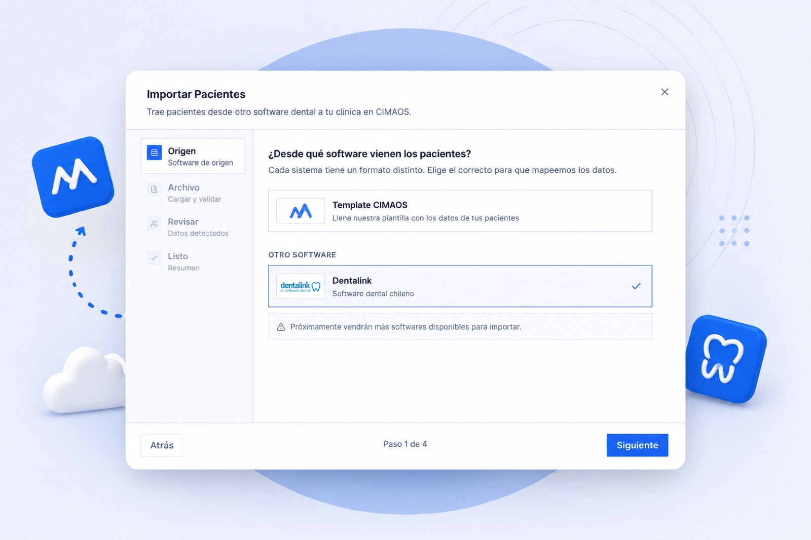 Diálogo Importar Pacientes de CIMAOS con Dentalink elegido como software de origen, y los cuatro pasos de la importación: Origen, Archivo, Revisar y Listo