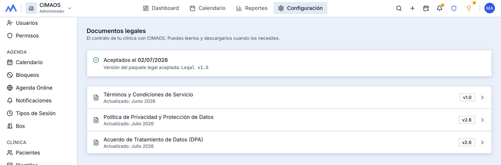 Pantalla de Documentos legales de CIMAOS con la fecha de aceptación del paquete legal y los Términos, la Política de Privacidad y el Acuerdo de Tratamiento de Datos, cada uno con su versión